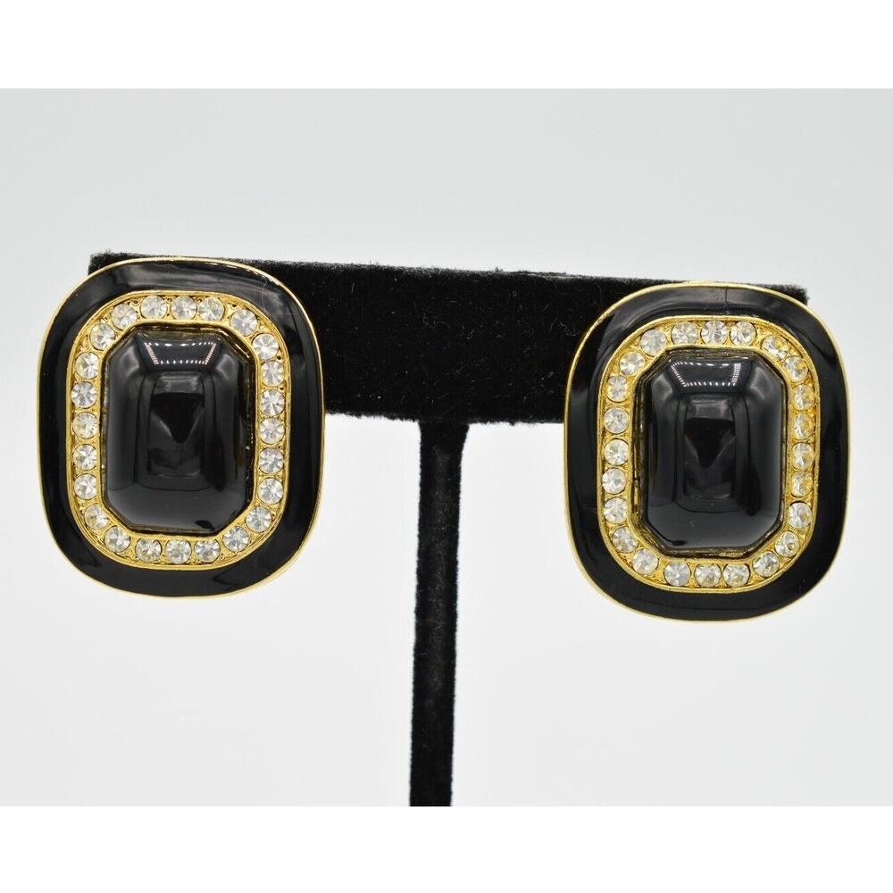 AFJ Vintage Clip On Earrings Chunky Black Rhinestone Crystal Signed 1980s Bin7